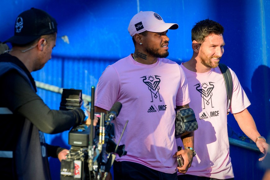 Aug 6, 2023; Frisco, TX, USA; Inter Miami forward Josef Martínez (left) and forward Lionel Messi (right) walk on to the field before the game between FC Dallas and Inter Miami at Toyota Stadium. Mandatory Credit: Jerome Miron-USA TODAY Sports