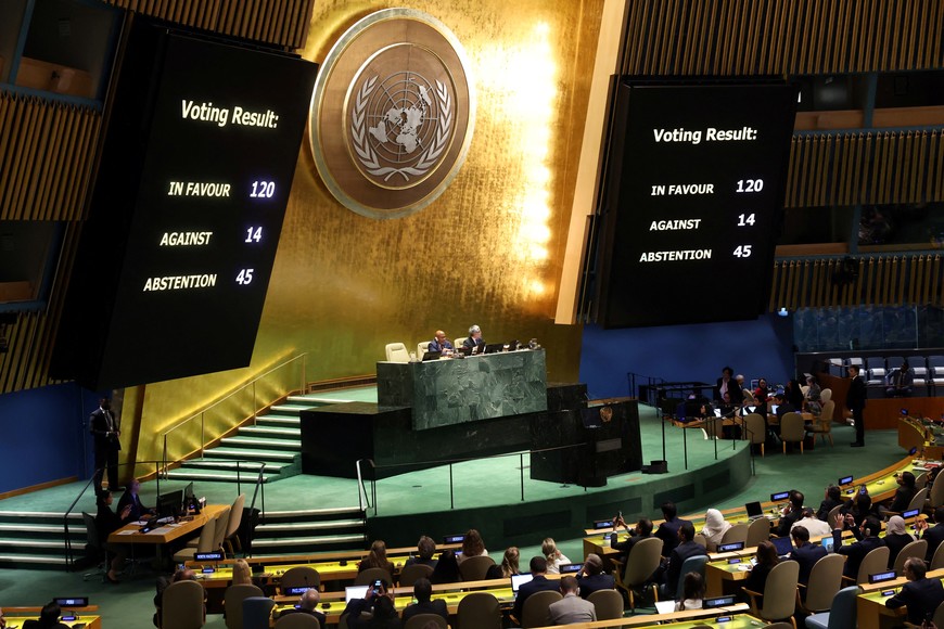 The results of a vote to adopt a draft resolution are shown on a display during an emergency special session of the U.N. General Assembly on the ongoing conflict between Israel and Hamas, at U.N. headquarters in New York City, U.S., October 27, 2023. REUTERS/Mike Segar