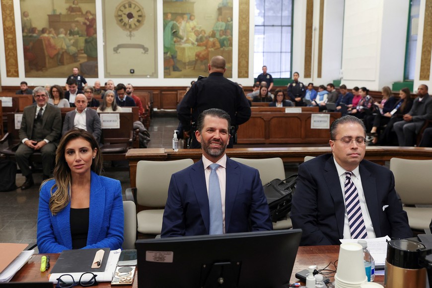 Former U.S. President Donald Trump's son and co-defendant, Donald Trump Jr., and lawyer Alina Habba attend the Trump Organization civil fraud trial, in New York State Supreme Court in the Manhattan borough of New York City, U.S., November 2, 2023. REUTERS/Shannon Stapleton/Pool