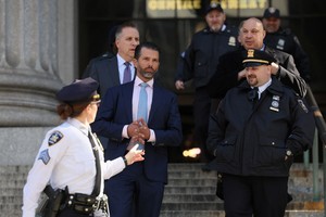 Former U.S. President Donald Trump's son and co-defendant Donald Trump Jr. leaves after attending the Trump Organization civil fraud trial, in New York State Supreme Court in the Manhattan borough of New York City, U.S., November 2, 2023. REUTERS/Brendan McDermid