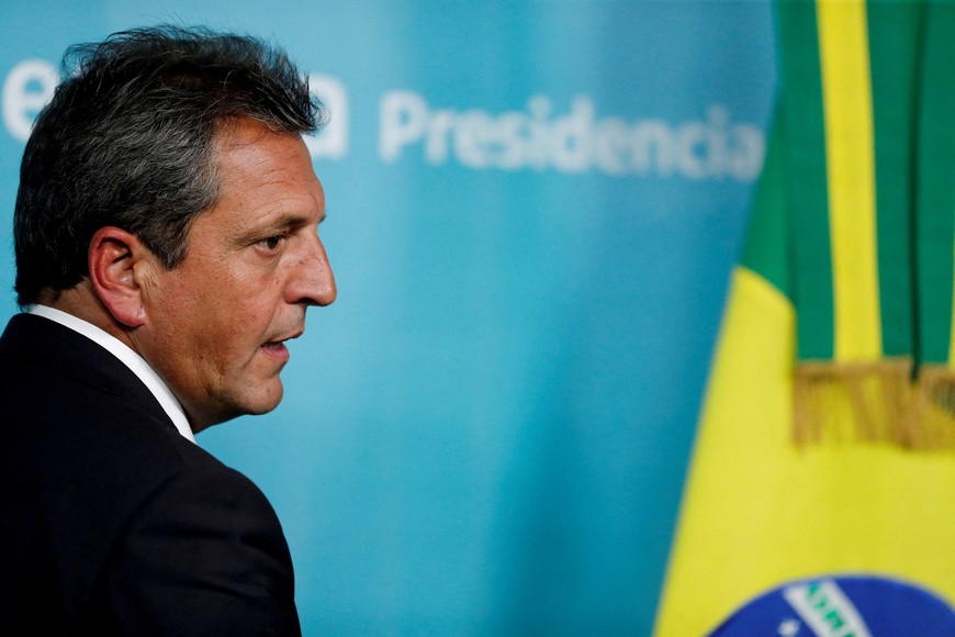 Argentina's Economic Minister Sergio Massa and Brazil's Finance Minister Fernando Haddad (not pictured) hold a news conference, at the Casa Rosada presidential palace in Buenos Aires, Argentina, January 23, 2023. REUTERS/Agustin Marcarian/