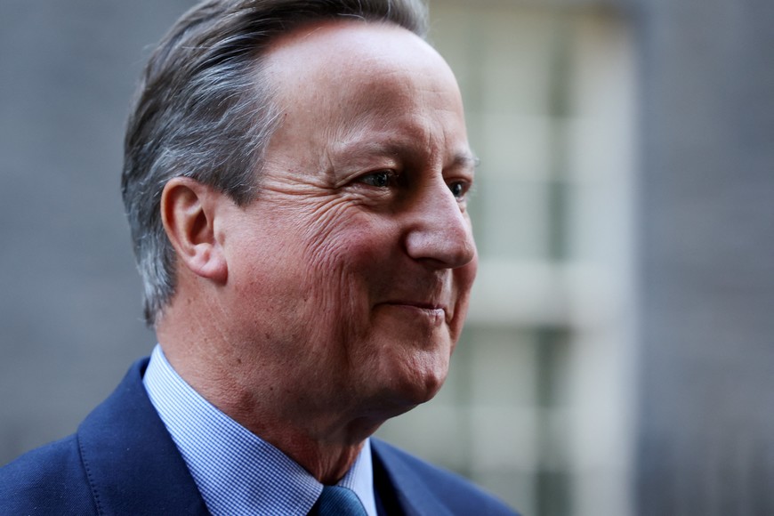 Britain's former Prime Minister and newly appointed Foreign Secretary David Cameron reacts outside 10 Downing Street in London, Britain November 13, 2023. REUTERS/Suzanne Plunkett