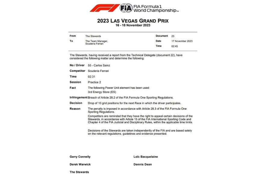 La sanción de la FIA a Carlos Sainz Jr. en el Gran Premio de España.