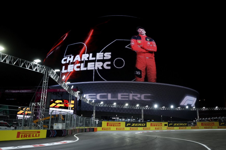 Formula One F1 - Las Vegas Grand Prix - Las Vegas Strip Circuit, Las Vegas, Nevada, U.S - November 18, 2023
Ferrari's Charles Leclerc is pictured on the Sphere after qualifying in pole position REUTERS/Mike Blake