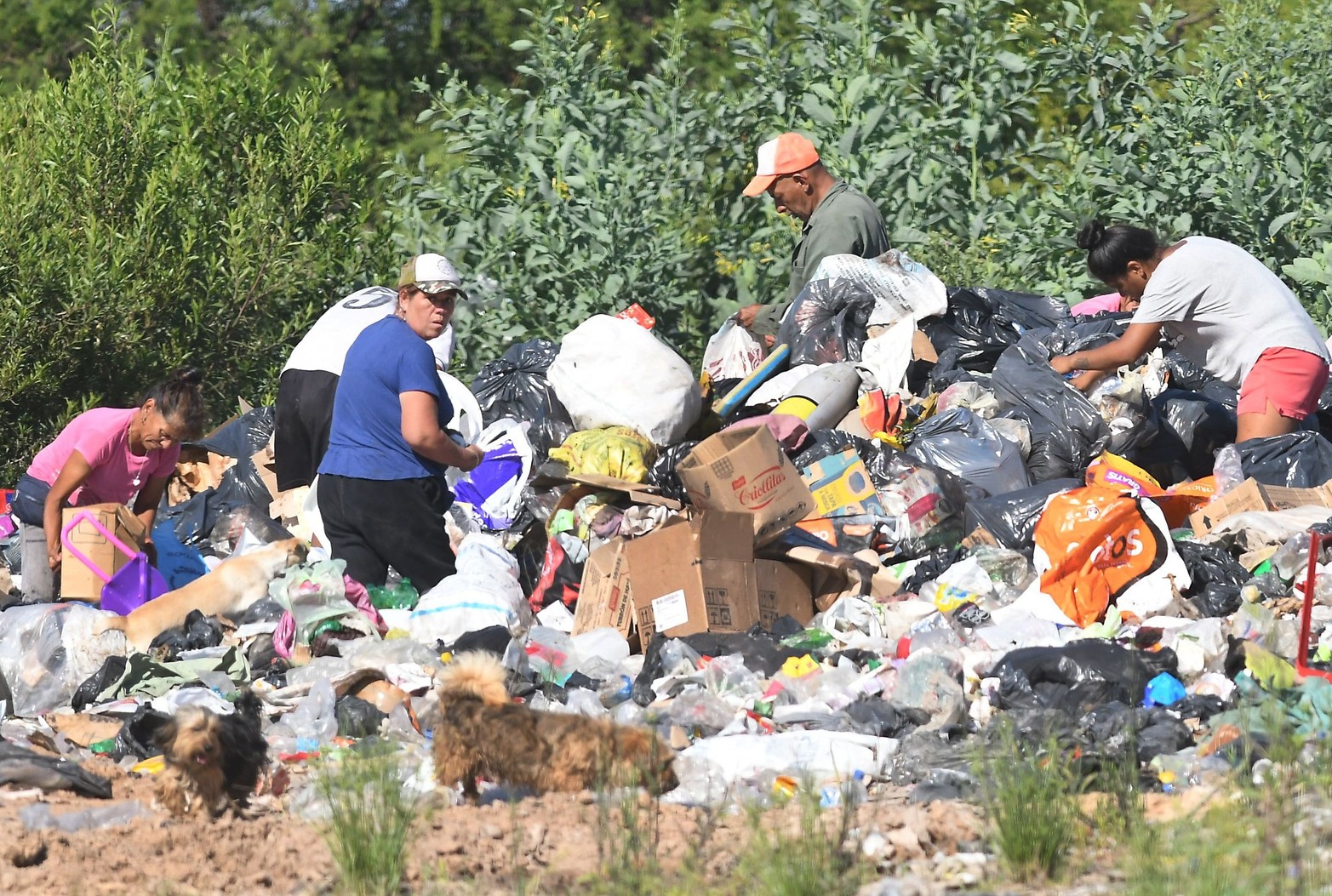 Contaminación. Vecinos revisan los residuos depositados en el basural que se inunda.