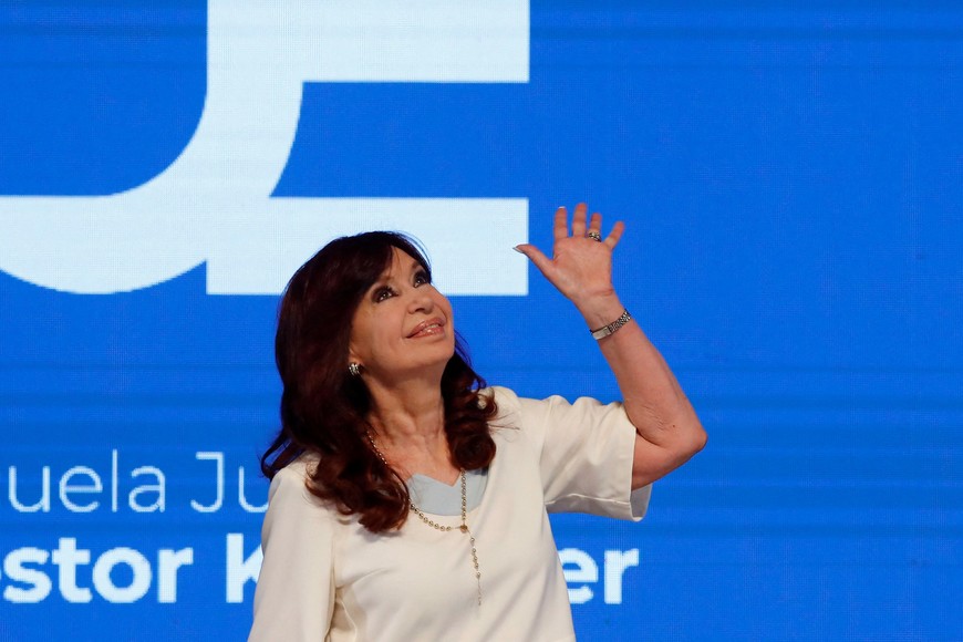 Argentina's Vice President and former President Cristina Fernandez de Kirchner gestures as she holds a masterclass at the Teatro Argentino, in La Plata, Argentina, April 27, 2023. REUTERS/Agustin Marcarian