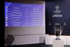 Soccer Football - Champions League - Round of 16 Draw - Nyon, Switzerland - December 18, 2023
The Champions League trophy is displayed with the round of 16 draw REUTERS/Pierre Albouy