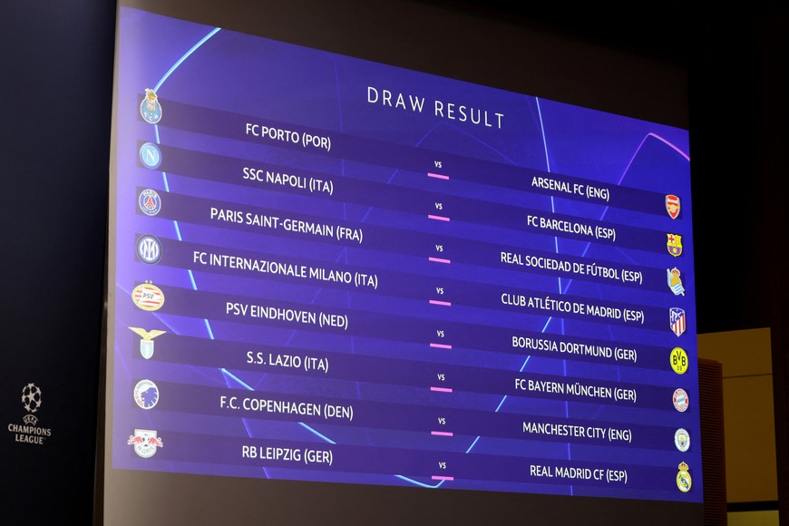 Soccer Football - Champions League - Round of 16 Draw - Nyon, Switzerland - December 18, 2023
The round of 16 draw is displayed on a big screen REUTERS/Pierre Albouy