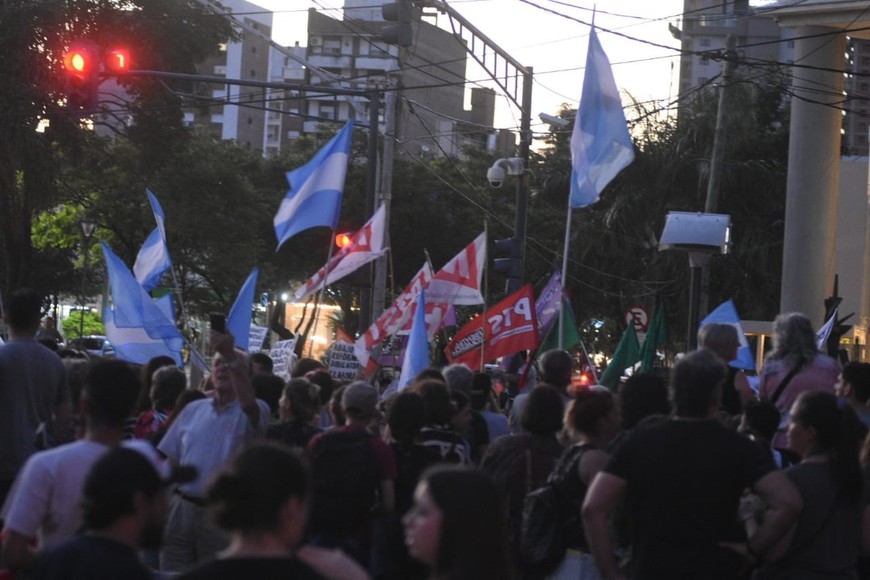 Banderas argentinas y de algunas organizaciones sociales en la manifestación. Crédito: Manuel Fabatía
