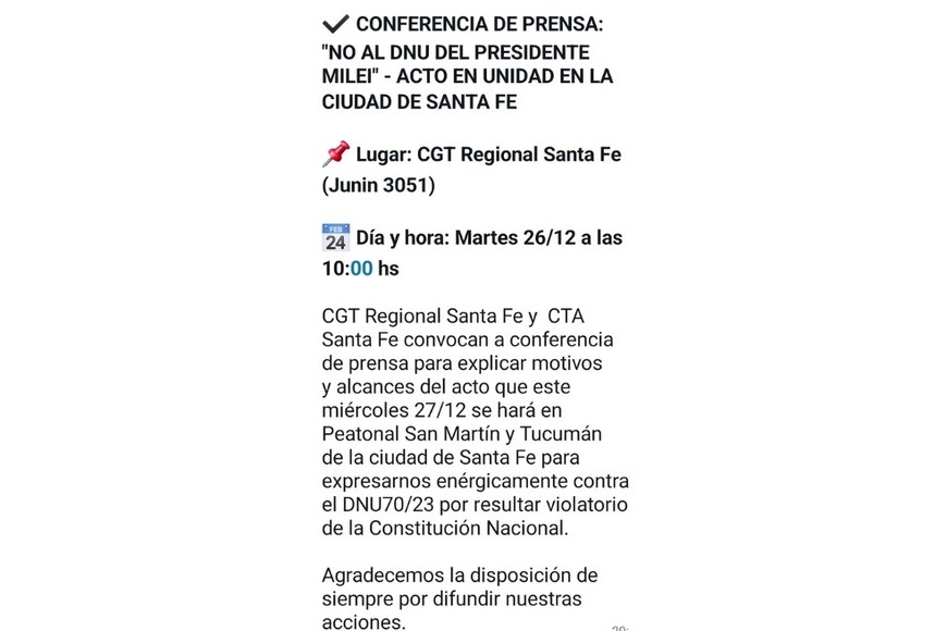 El comunicado en conjunto de la CTA y CGT Santa Fe.