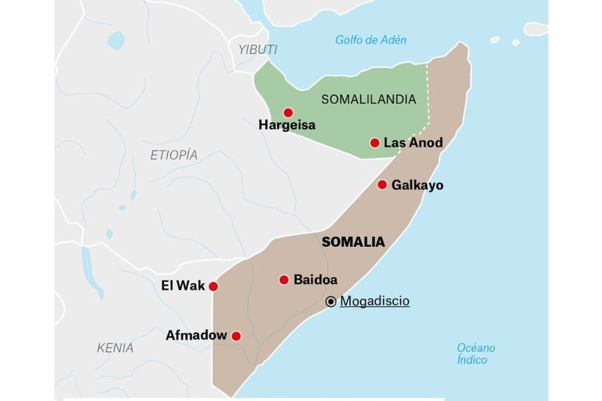 Somalilandia en verde y actual Somalia en marrón.