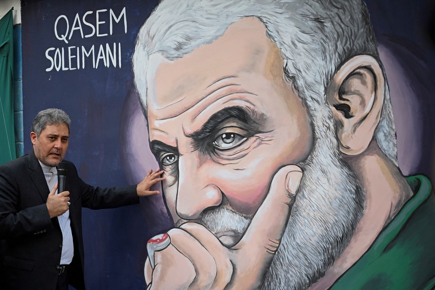 Iranian ambassador to Venezuela Hojjatollah Soltani speaks next to a mural to commemorate Iranian commander General Qassem Soleimani who was killed by a U.S. drone in 2020, in Caracas, Venezuela January 3, 2024. REUTERS/Gaby Oraa