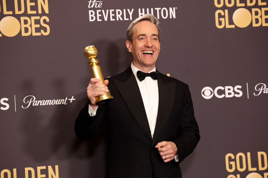 Matthew Macfadyen poses with the award for Best Television Series - Drama, for "Succession" at the 81st Annual Golden Globe Awards in Beverly Hills, California, U.S., January 7, 2024. REUTERS/Mario Anzuoni