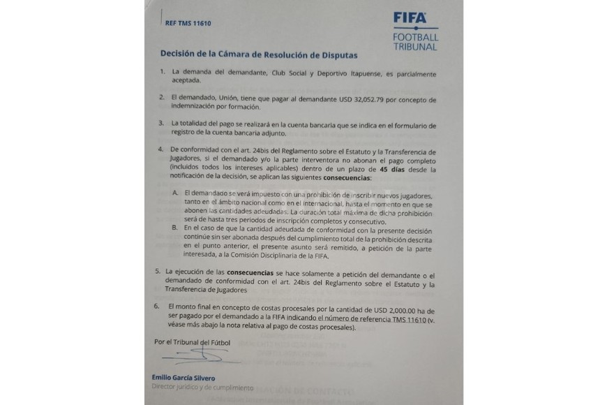 El documento oficial de FIFA al que accedió El Litoral.