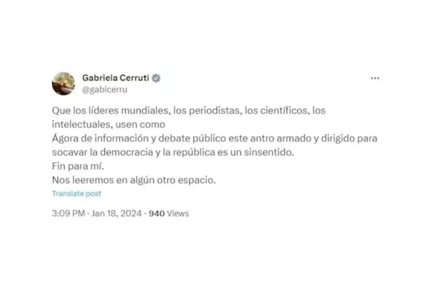 Publicación de Cerruti en su twitter