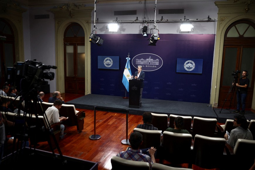 Argentina's Economy Minister Luis Caputo holds a press conference at the Casa Rosada Presidential Palace, in Buenos Aires, Argentina January 26, 2024. REUTERS/Tomas Cuesta