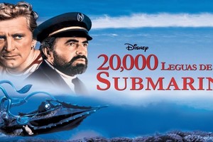 El popular Kirk Douglas (Ned Land) aparece junto a James Mason (Capitán Nemo) en un cartel promocional de "20.000 leguas de viaje submarino", película de 1954, dirigida por Richard Fleischer.
