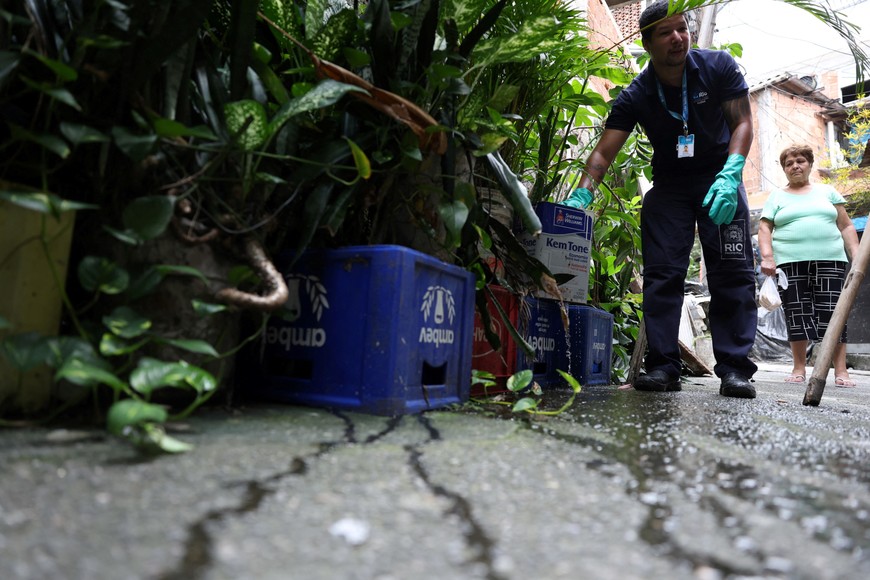 A health agent checks some flower pots to avoid standing water  during an action organized by the Municipal Health Department, to help mitigate a dengue outbreak, in the Tabajaras slum in Rio de Janeiro, Brazil February 7, 2024. REUTERS/Pilar Olivares