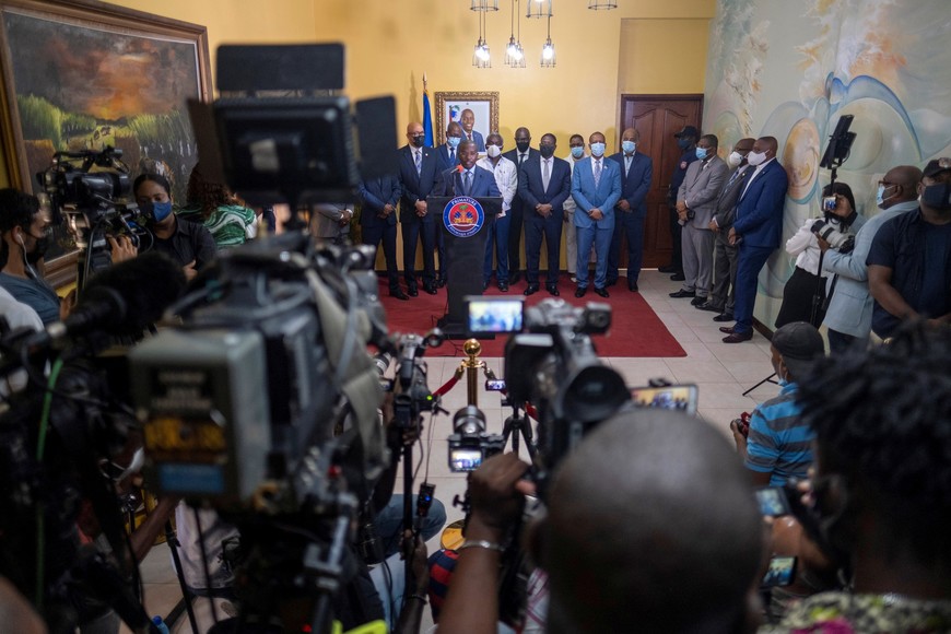 Interim Prime Minister Claude Joseph gives a press conference almost a week after the assassination of President Jovenel Moise, in Port-au-Prince, Haiti July 13, 2021.  REUTERS/Ricardo Arduengo