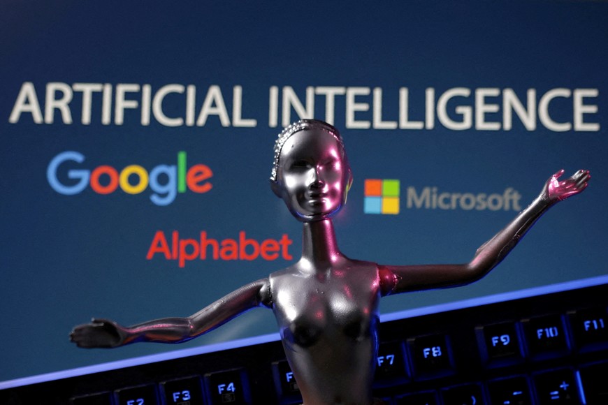 FILE PHOTO: Google, Microsoft and Alphabet logos and AI Artificial Intelligence words are seen in this illustration taken, May 4, 2023. REUTERS/Dado Ruvic/Illustration/File Photo