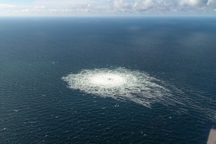 FILE PHOTO: Gas leak at Nord Stream 2 as seen from the Danish F-16 interceptor on Bornholm, Denmark September 27, 2022. Danish Defence Command/Forsvaret  Ritzau Scanpix/via REUTERS/File Photo