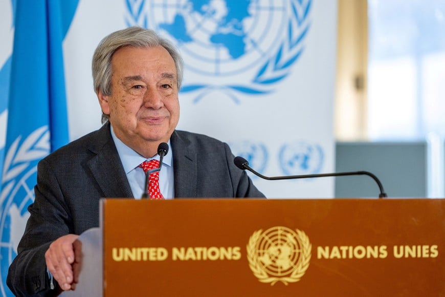 United Nations Secretary General Antonio Guterres speaks during a stake out at the Human Rights Council at the U.N. in Geneva, Switzerland, February 26, 2024.  REUTERS/Denis Balibouse