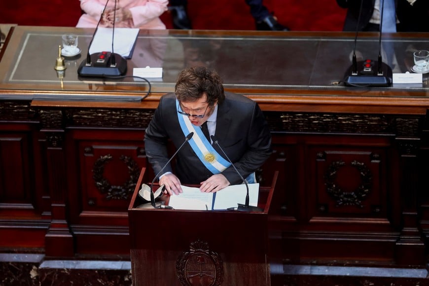 Argentina's President Javier Milei speaks during the opening session of the 142nd legislative term, at the National Congress, in Buenos Aires, Argentina, March 1, 2024. REUTERS/Agustin Marcarian