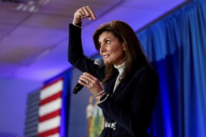 Republican presidential candidate and former U.S. Ambassador to the United Nations Nikki Haley gestures to herself as she speaks at a campaign event in Portland, Maine, U.S. March 3, 2024. REUTERS/Joel Page