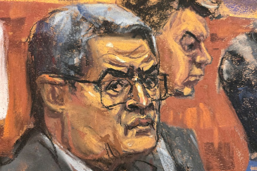 FILE PHOTO: Former Honduras President Juan Orlando Hernandez attends his trial on U.S. drug trafficking charges in federal court in the Manhattan borough of New York City, U.S., March 7, 2024 in this courtroom sketch. REUTERS/Jane Rosenberg/File Photo