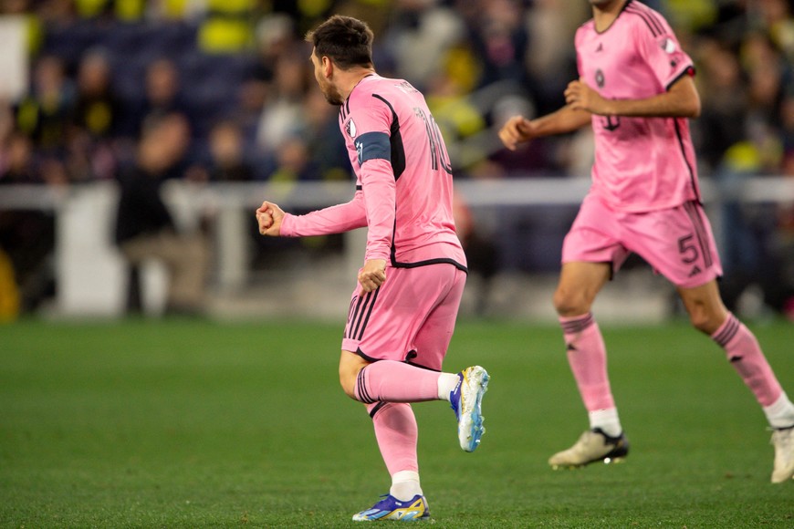 Mar 7, 2024; Nashville, TN, USA;  Inter Miami forward Lionel Messi (10) celebrates his goal against the Nashville SC during the second half at GEODIS Park. Mandatory Credit: Steve Roberts-USA TODAY Sports