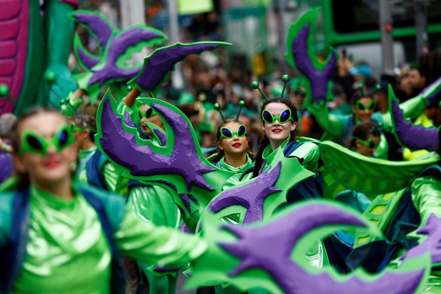 Revellers attend the St. Patrick's Day parade in Dublin, Ireland March 17, 2024. REUTERS/Clodagh Kilcoyne