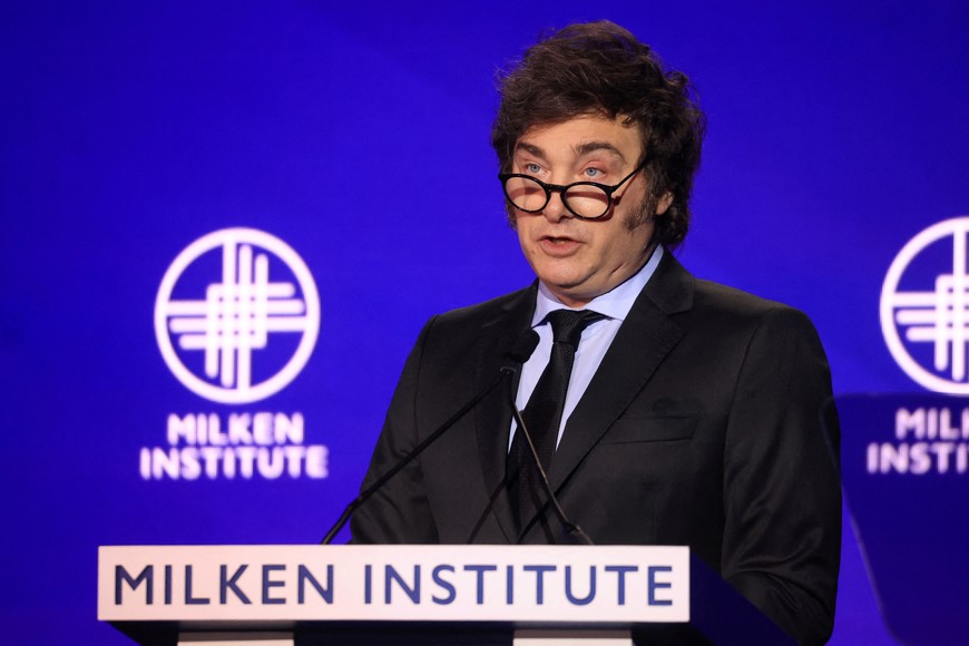 Javier Milei, President of Argentina speaks at the Milken Conference 2024 Global Conference Sessions at The Beverly Hilton in Beverly Hills, California, U.S., May 6, 2024.  REUTERS/David Swanson