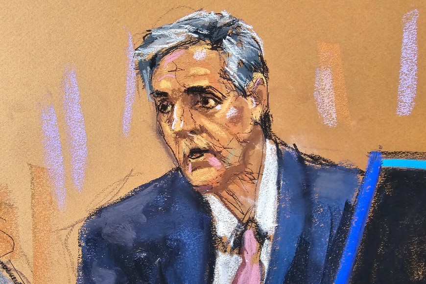Michael Cohen is questioned by prosecutor Susan Hoffinger during former U.S. President Donald Trump's criminal trial on charges that he falsified business records to conceal money paid to silence porn star Stormy Daniels in 2016, in Manhattan state court in New York City, U.S. May 13, 2024 in this courtroom sketch. REUTERS/Jane Rosenberg