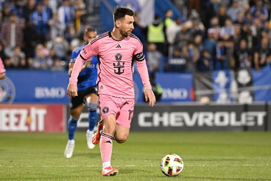 May 11, 2024; Montreal, Quebec, CAN; Inter Miami CF forward Lionel Messi (10) controls the ball in the first half against CF Montreal at Stade Saputo. Mandatory Credit: David Kirouac-USA TODAY Sports