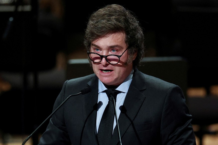 FILE PHOTO: Argentina's President Javier Milei attends the commemoration of the Holocaust Remembrance Day, marking the 81st anniversary of the Warsaw Ghetto Uprising, at the Centro Cultural Kirchner (CCK), in Buenos Aires, Argentina May 8, 2024. REUTERS/Agustin Marcarian/File Photo