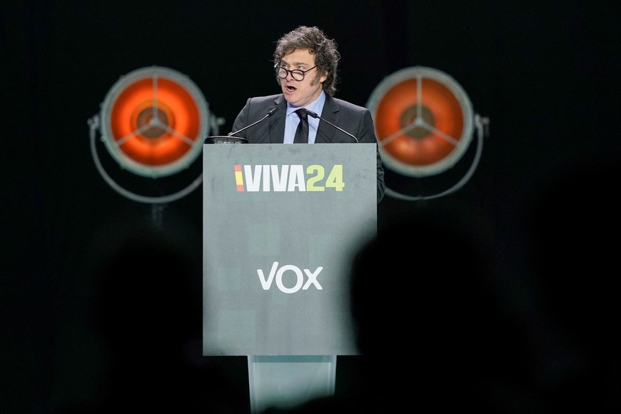 Argentina's President Javier Milei speaks during a rally organised by the Spanish far-right Vox party ahead of the European elections, with various far-right leaders, in Madrid, Spain, May 19, 2024. REUTERS/Ana Beltran
