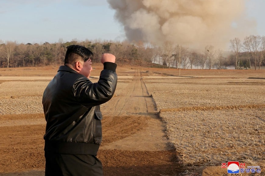 North Korean leader Kim Jong Un gestures as he guides a training of the fire division, in North Korea, March 18, 2024, in this picture released on March 19, 2024, by the Korean Central News Agency.    KCNA via REUTERS    ATTENTION EDITORS - THIS IMAGE WAS PROVIDED BY A THIRD PARTY. REUTERS IS UNABLE TO INDEPENDENTLY VERIFY THIS IMAGE. NO THIRD PARTY SALES. SOUTH KOREA OUT. NO COMMERCIAL OR EDITORIAL SALES IN SOUTH KOREA.     TPX IMAGES OF THE DAY