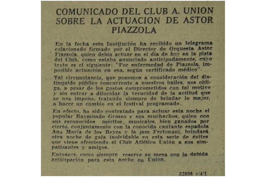 Comunicado del Club Unión ante la ausencia de Piazzolla en el verano de 1949.