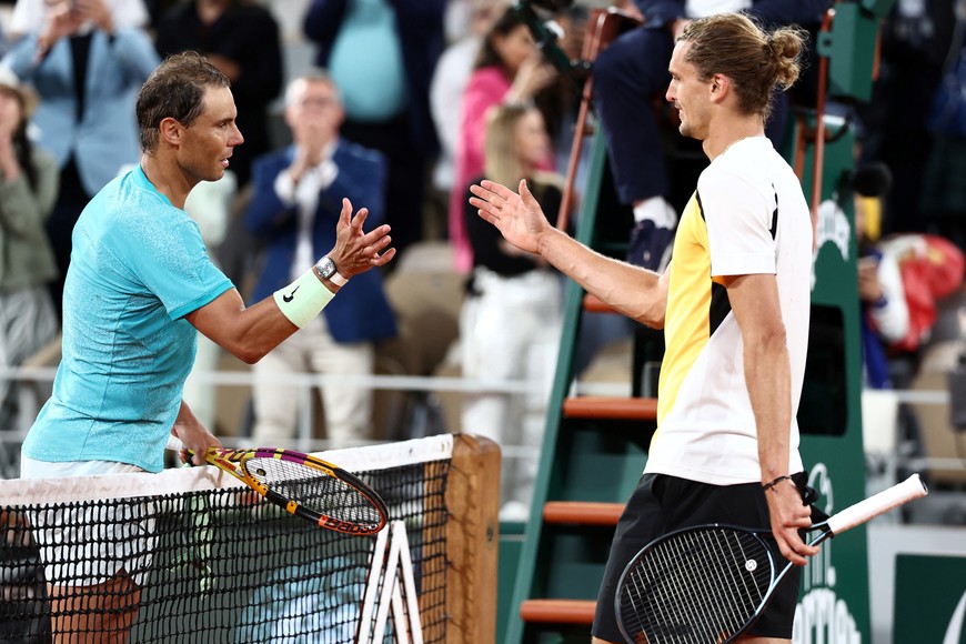 Tennis - French Open - Roland Garros, Paris, France - May 27, 2024
Spain's Rafael Nadal shakes hands with Germany's Alexander Zverev after losing their first round match REUTERS/Yves Herman