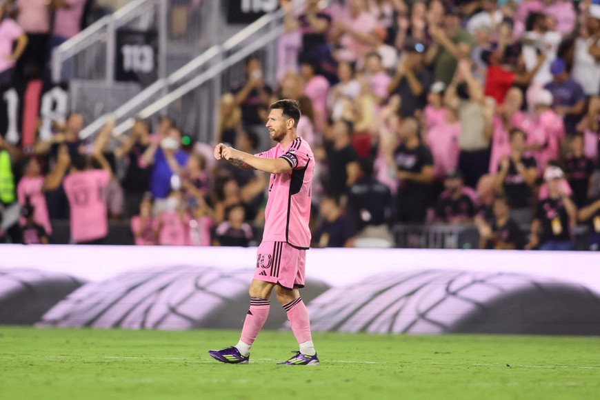 May 29, 2024; Fort Lauderdale, Florida, USA; Inter Miami CF forward Lionel Messi (10) gestures against Atlanta United during the second half at Chase Stadium. Mandatory Credit: Sam Navarro-USA TODAY Sports