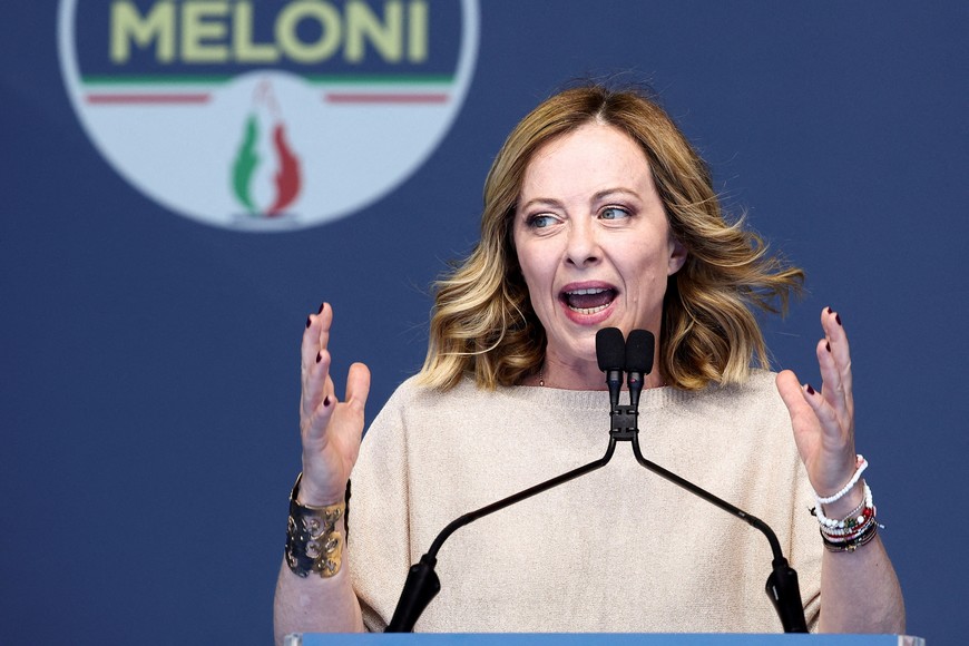 FILE PHOTO: Italian Prime Minister and Fratelli D'Italia (Brothers of Italy) leader Giorgia Meloni speaks at the closing event of the electoral campaign for the European Parliament Elections, at Piazza del Popolo, in Rome, Italy, June 1, 2024. REUTERS/Guglielmo Mangiapane/File Photo