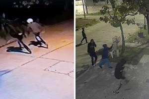 En la imagen de la izquierda los delincuentes arremeten contra el portón en Pavón al 1000. La foto de la derecha un grupo de 5 individuos fue captado por las cámaras en Sarmiento al 6300.