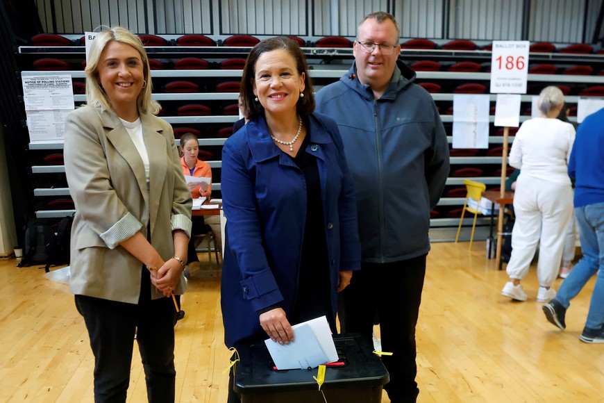 Sinn Fein President Mary Lou McDonald casts her vote in the European Union's parliamentary and Ireland's local elections, in Dublin, Ireland, June 7, 2024. REUTERS/Clodagh Kilcoyne