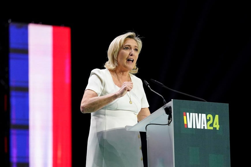 President of the France's National Rally party Marine Le Pen speaks during a rally organised by the Spanish far-right Vox party ahead of the European elections, with various far-right leaders including Argentina's president Javier Milei, in Madrid, Spain, May 19, 2024. REUTERS/Ana Beltran