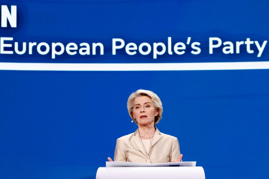 Lead candidate for the European conservatives in the EU election Ursula von der Leyen reacts to the announcement of the first provisional results for the European Parliament elections, at the European Parliament building, in Brussels, Belgium, June 9, 2024. REUTERS/Piroschka van de Wouw