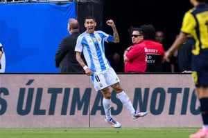 Jun 9, 2024; Chicago, Illinois, USA; Argentina forward Angel Di Maria (11) celebrates his goal against Ecuador during the first half at Soldier Field. Mandatory Credit: Daniel Bartel-USA TODAY Sports