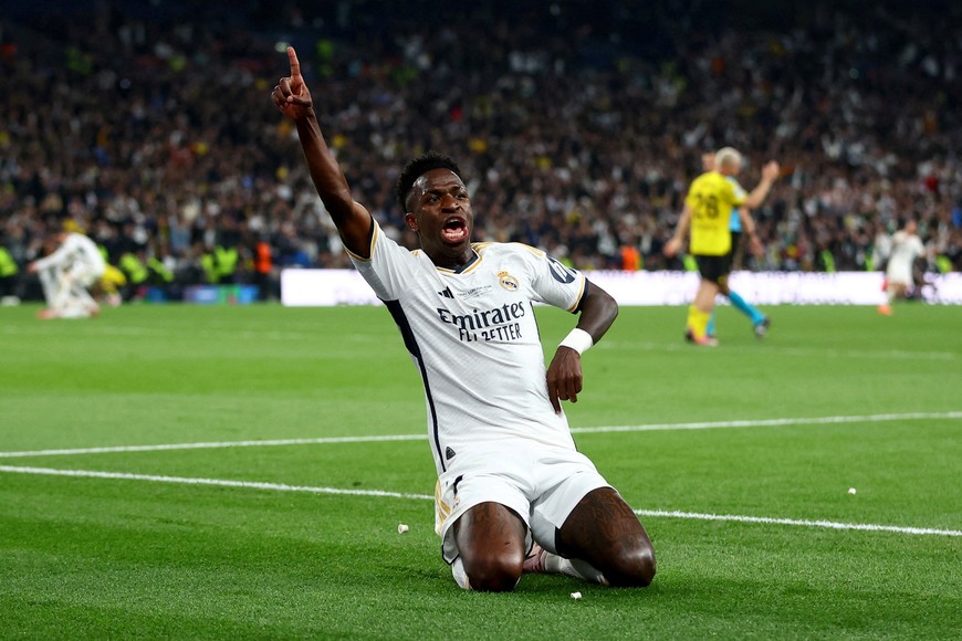 Soccer Football - Champions League - Final - Borussia Dortmund v Real Madrid - Wembley Stadium, London, Britain - June 1, 2024
Real Madrid's Vinicius Junior celebrates scoring their second goal REUTERS/Carl Recine     TPX IMAGES OF THE DAY