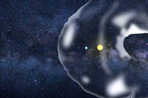 La Tierra y el Sol en la heliosfera "en forma de croissant": el sistema solar quedó brevemente fuera de la heliosfera hace dos millones de años.Imagen: Illustration courtesy of Harvard Radcliffe Institute
