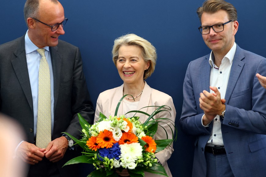 European Commission President Ursula von der Leyen, Christian Democratic Union (CDU) party leader Friedrich Merz and CDU member Daniel Caspary attend a party leadership meeting after the EU elections, in Berlin, Germany, June 10, 2024. REUTERS/Nadja Wohlleben