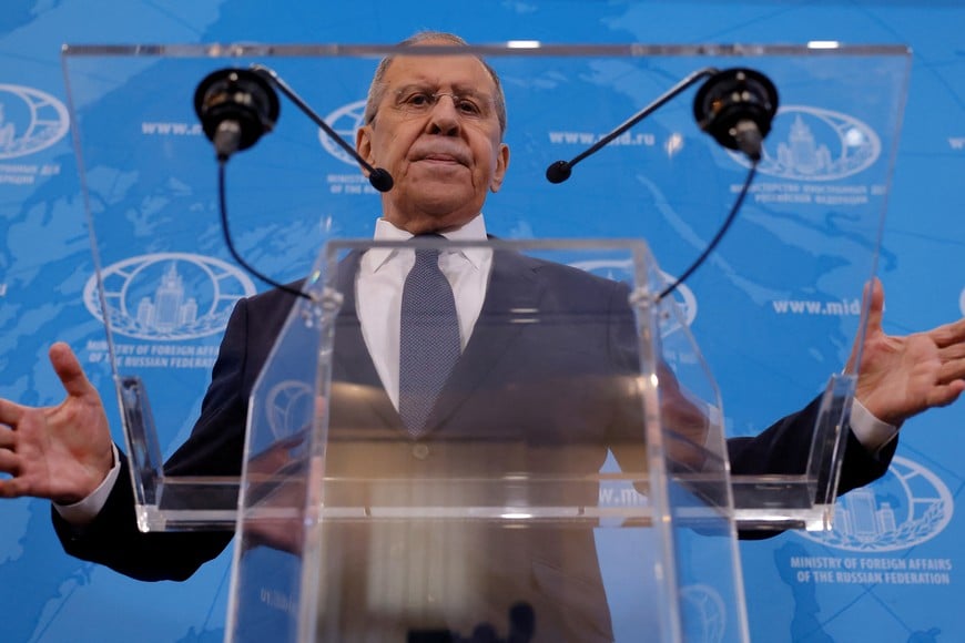 Russia's Foreign Minister Sergei Lavrov gestures during a press briefing after a meeting with President Vladimir Putin in Moscow, Russia June 14, 2024. REUTERS/Maxim Shemetov
